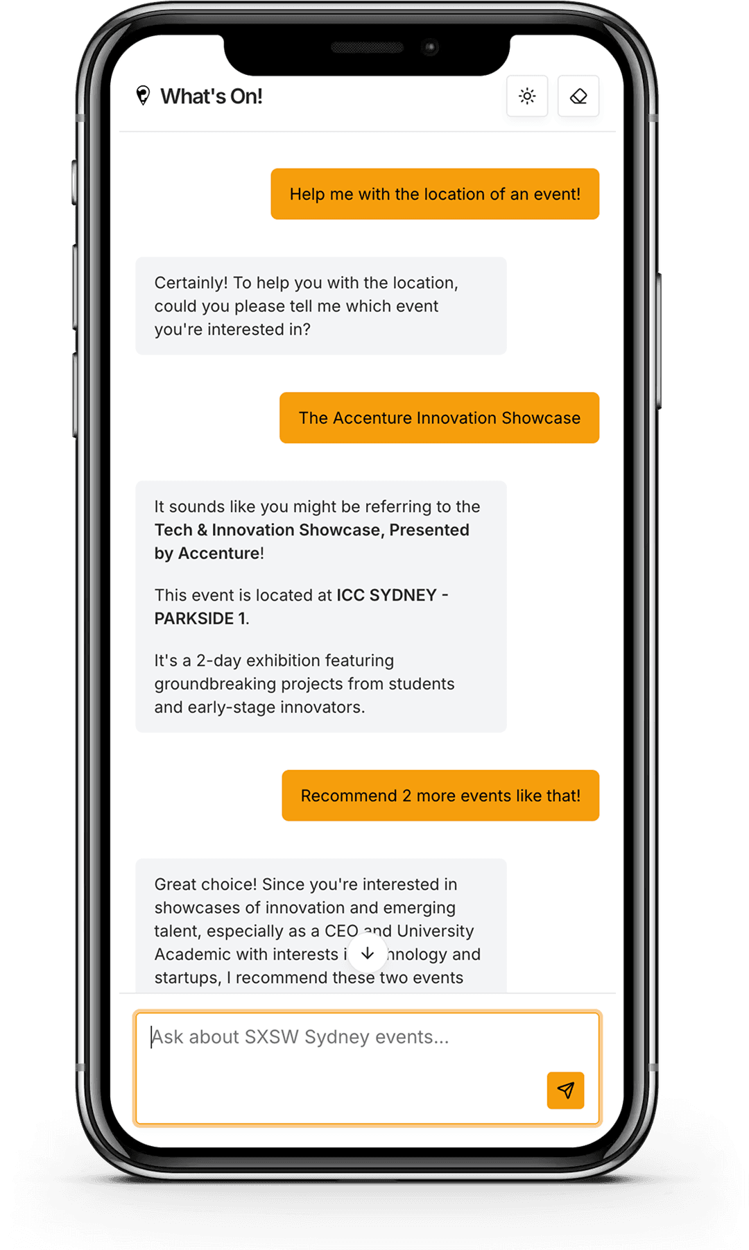 SXSW Sydney AI Assistant chatbot interface showing personalized event recommendations and schedule planning features